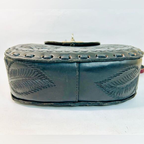Black Leather Hand-Tooled Embossed Mexican Floral Artisanal Crossbody - Picture 5 of 10